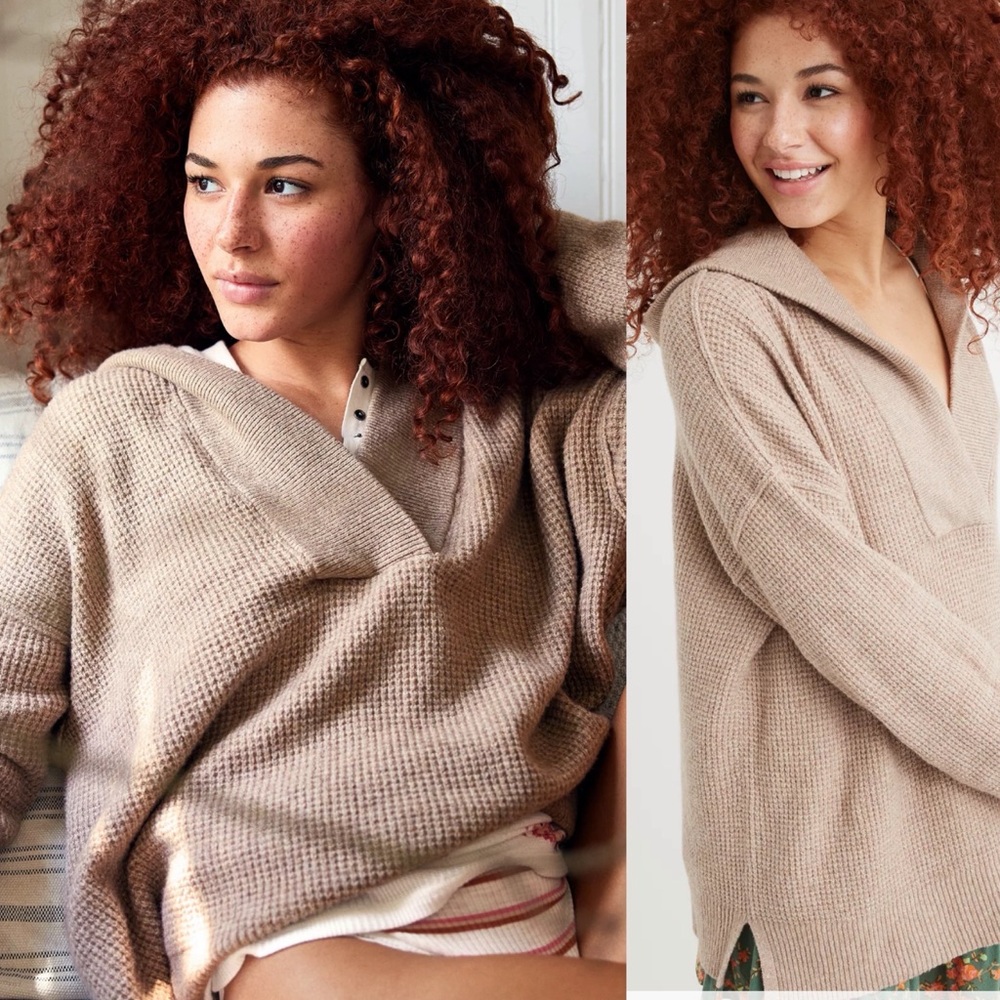 Aerie CozyUp Waffle Oversized Sweater Hoodie Tan Beige Neutral Size Small